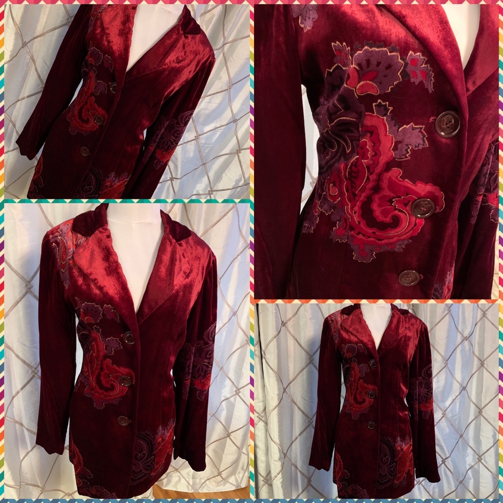 Burgundy velvet 3 button mid calf jacket